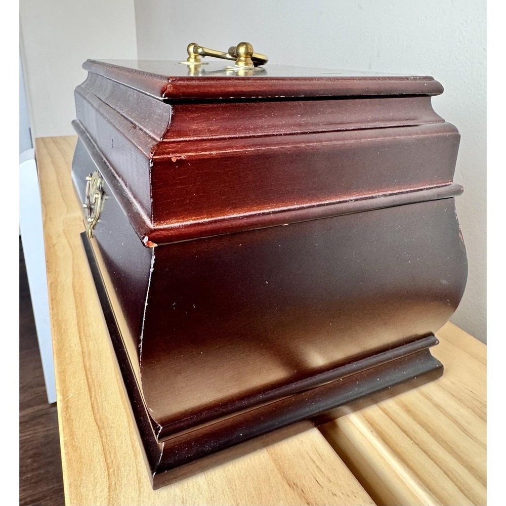 VTG Bombay Style Wooden Jewelry Box  Brass Cherry‎ Tone Red Velvet Interior - Picture 3 of 10